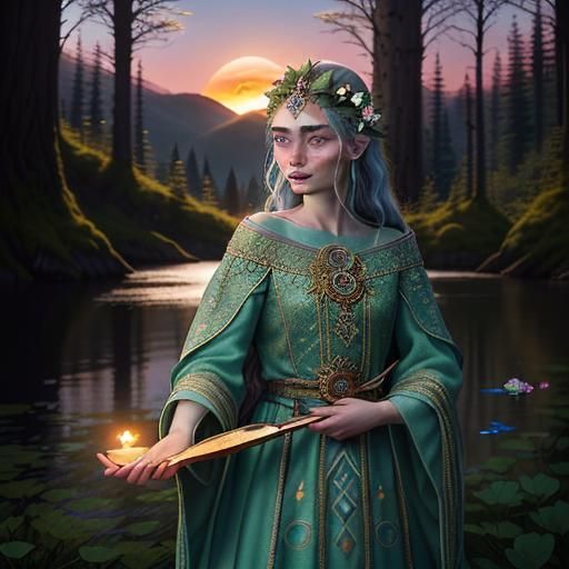 Slavic Enchantress in Forest by Lake with Eclipse