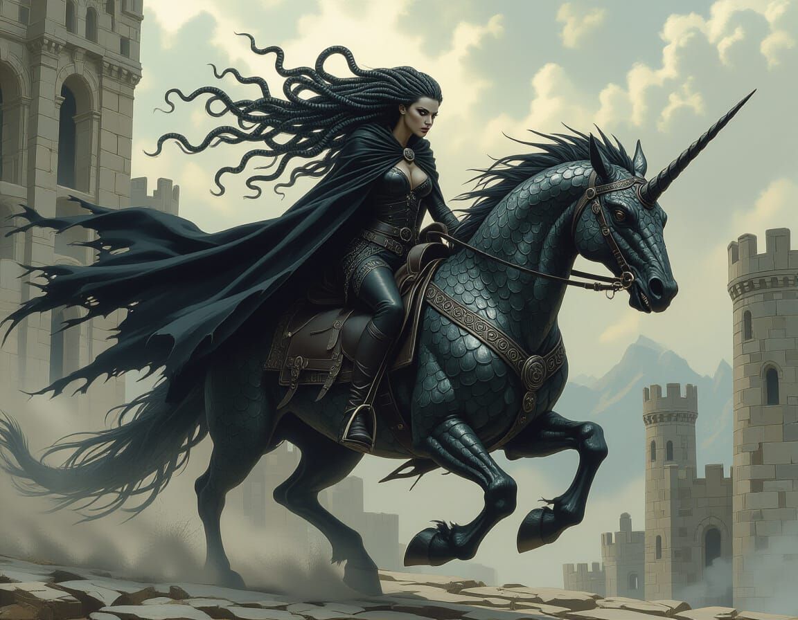 Medusa on Dragon Horse in Dark Fantasy Style
