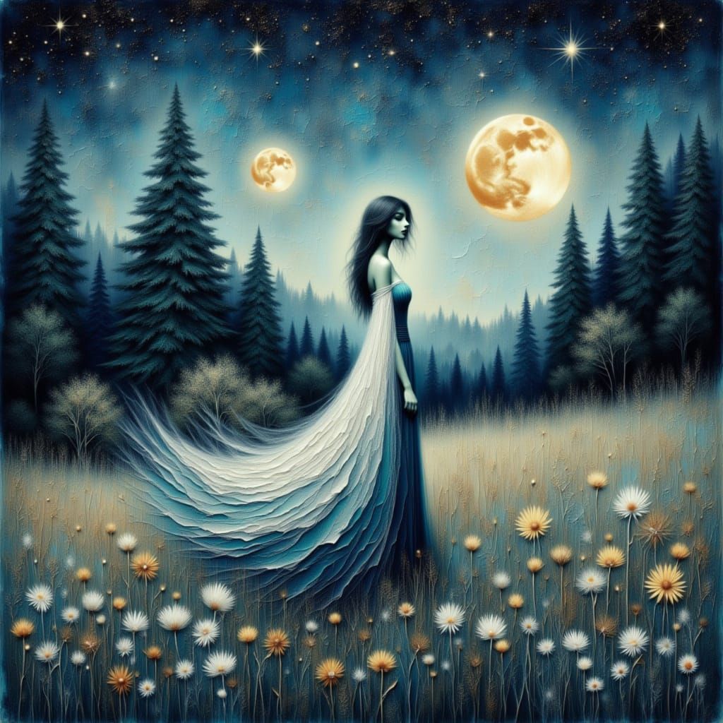 Magical Elf in Twilight Meadow with Two Moons