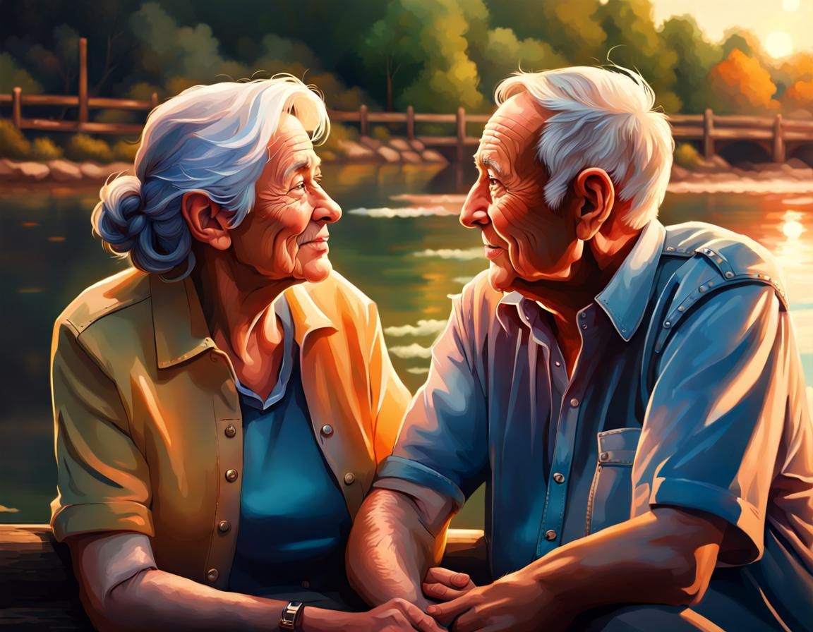 Loving Old Couple Embrace by the River