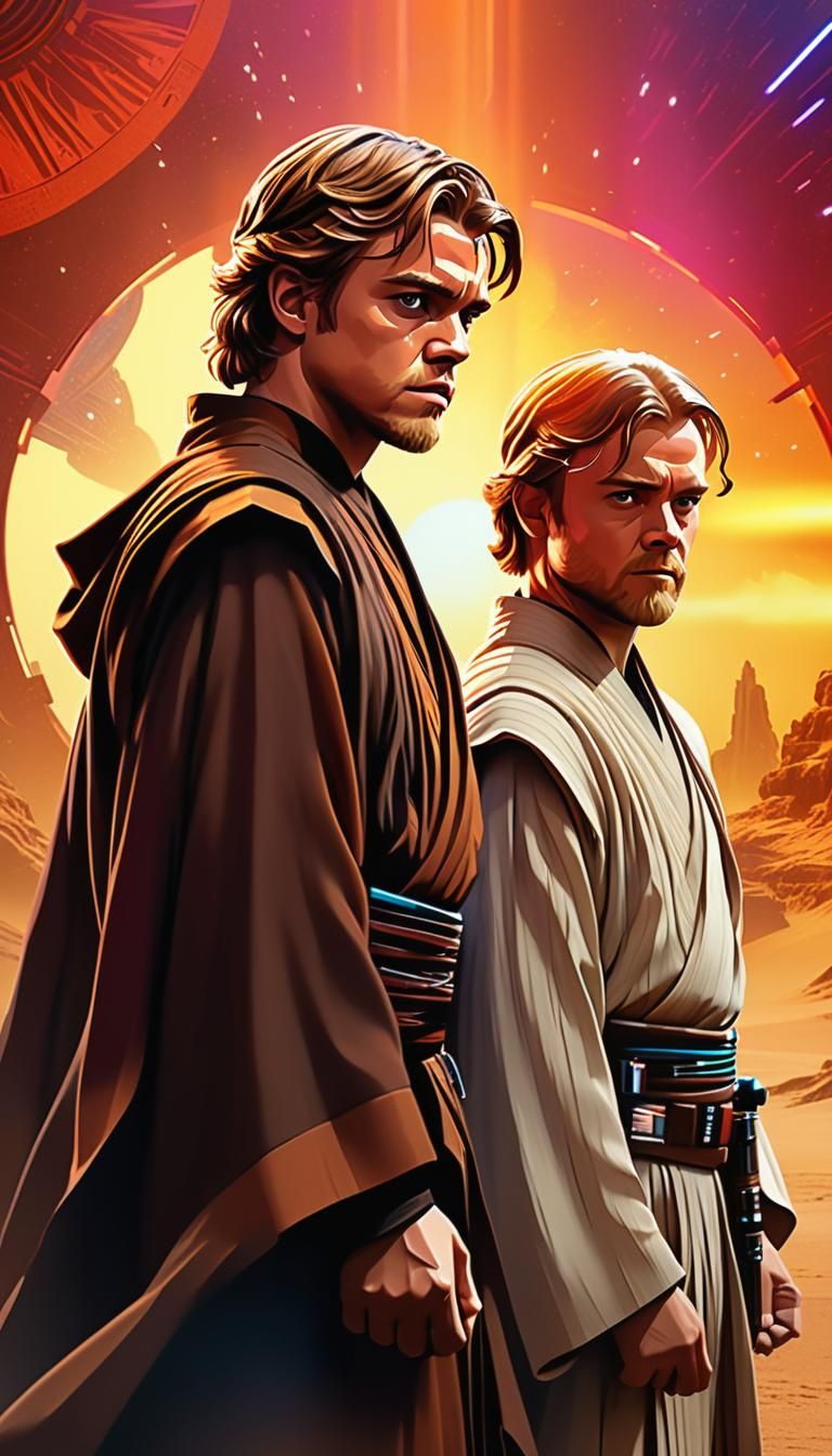 Young Anakin Skywalker and Obi-Wan Kenobi in Vibrant Fantasy...