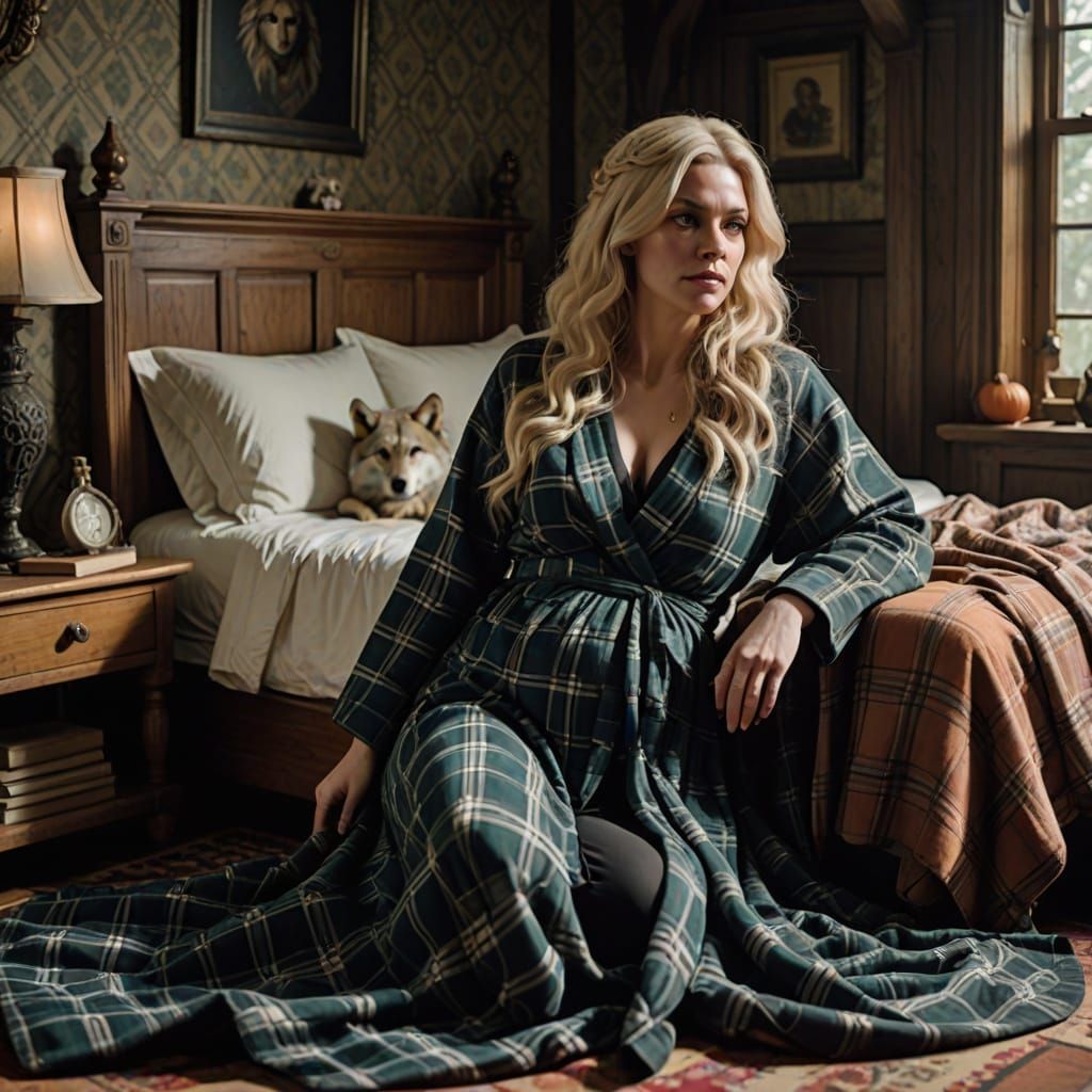 A clothed blonde witch, wearing a plaid robe, pregnant, lying on a bed in a grand bedroom in a wolf shifter house.