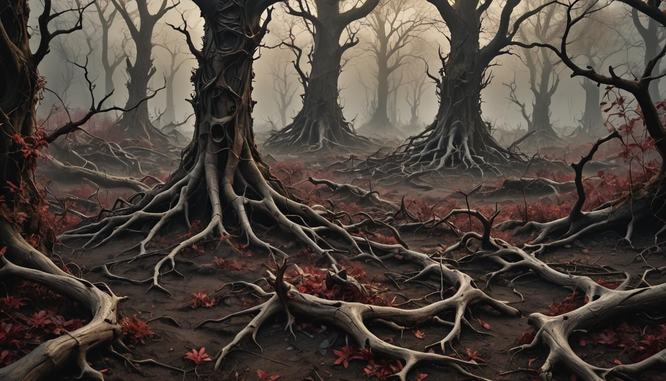 Disturbed Earth Reveals Bones in Dark Fantasy Clearing