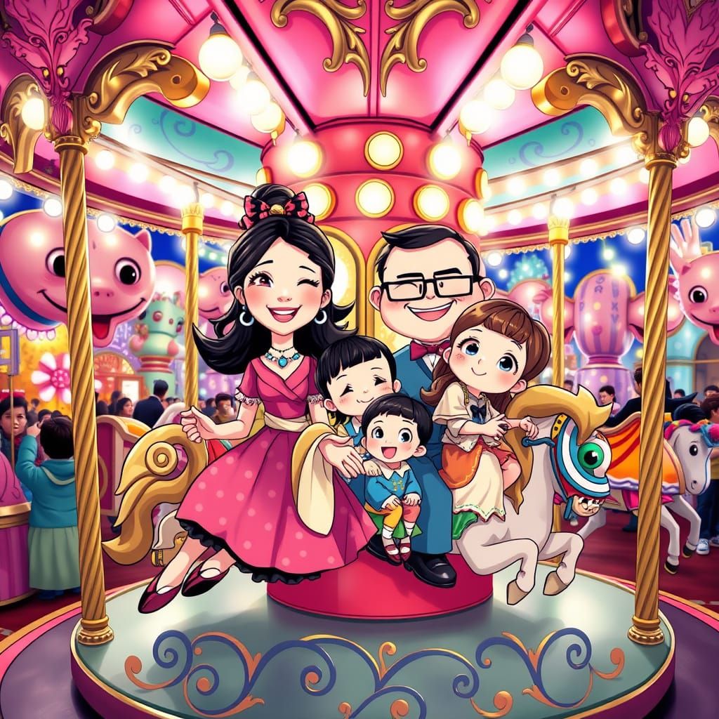 Chibi Family Rides Whimsical Carousel at Disneyland in Japan...