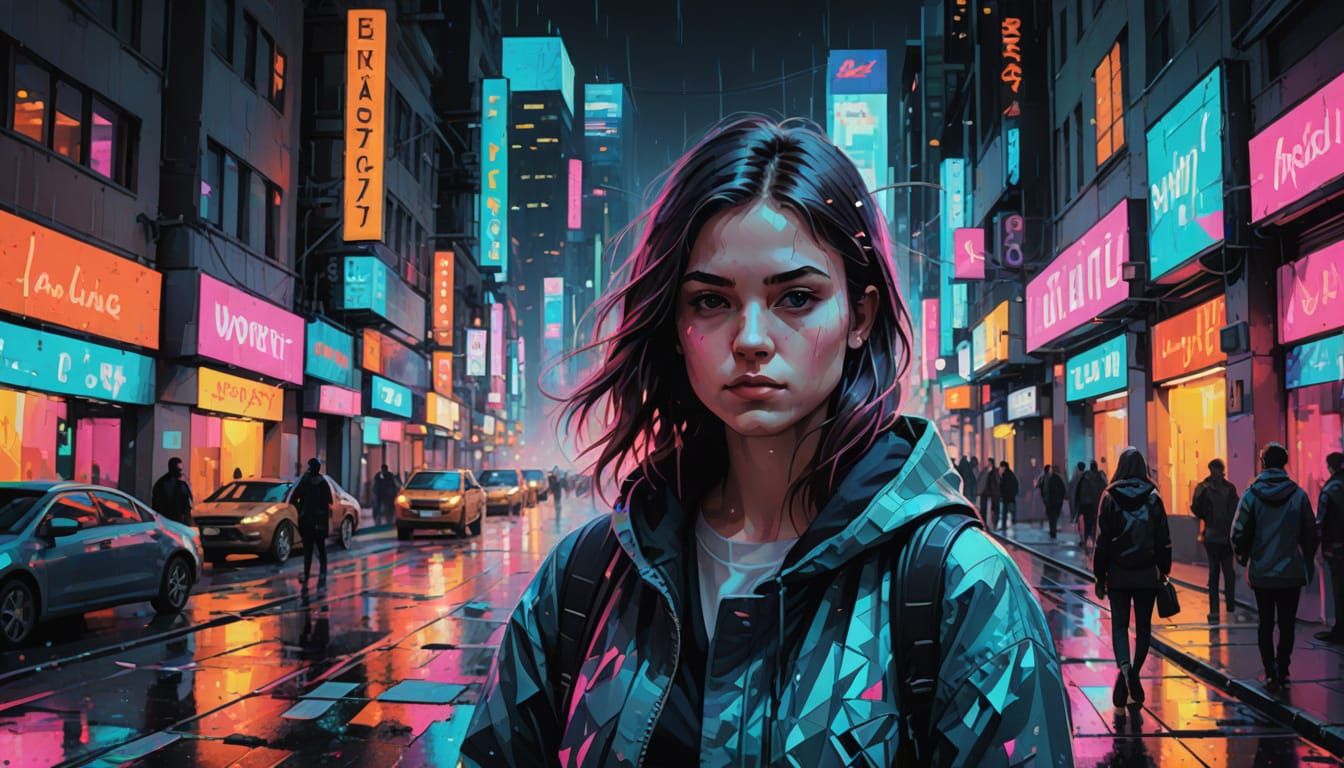 Dreamlike City Street Scene with Glitch Art Effects