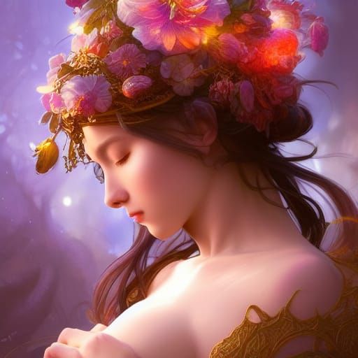 Detailed Flower Goddess Portrait in Art Nouveau Style