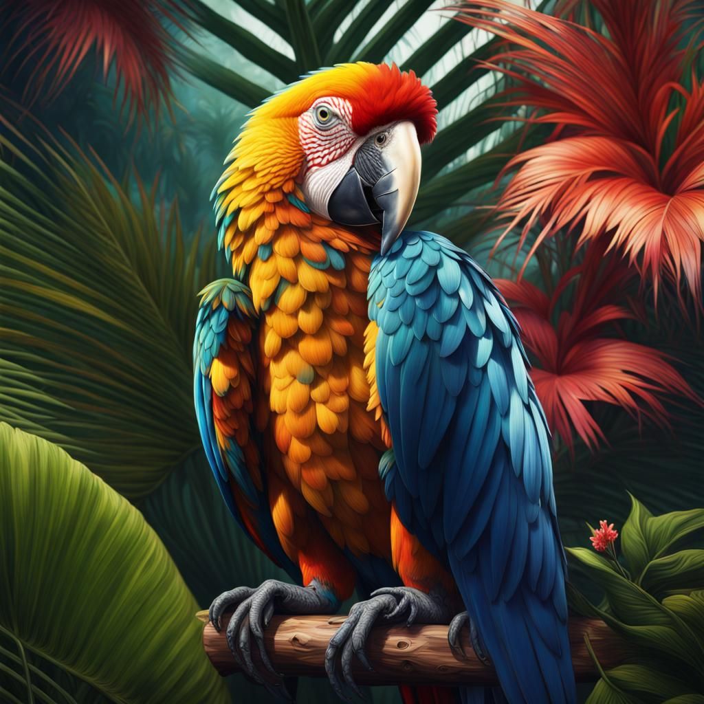 Colorful Macaw in Hyperrealistic Tropical Artwork