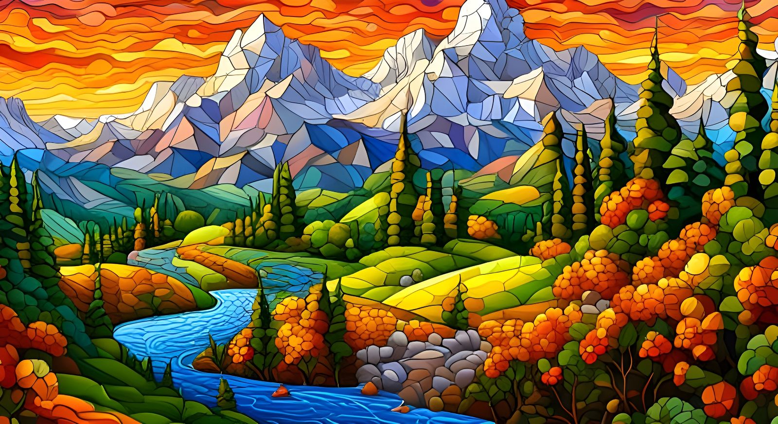 Geometric Landscape in Cubo-Futurism Style