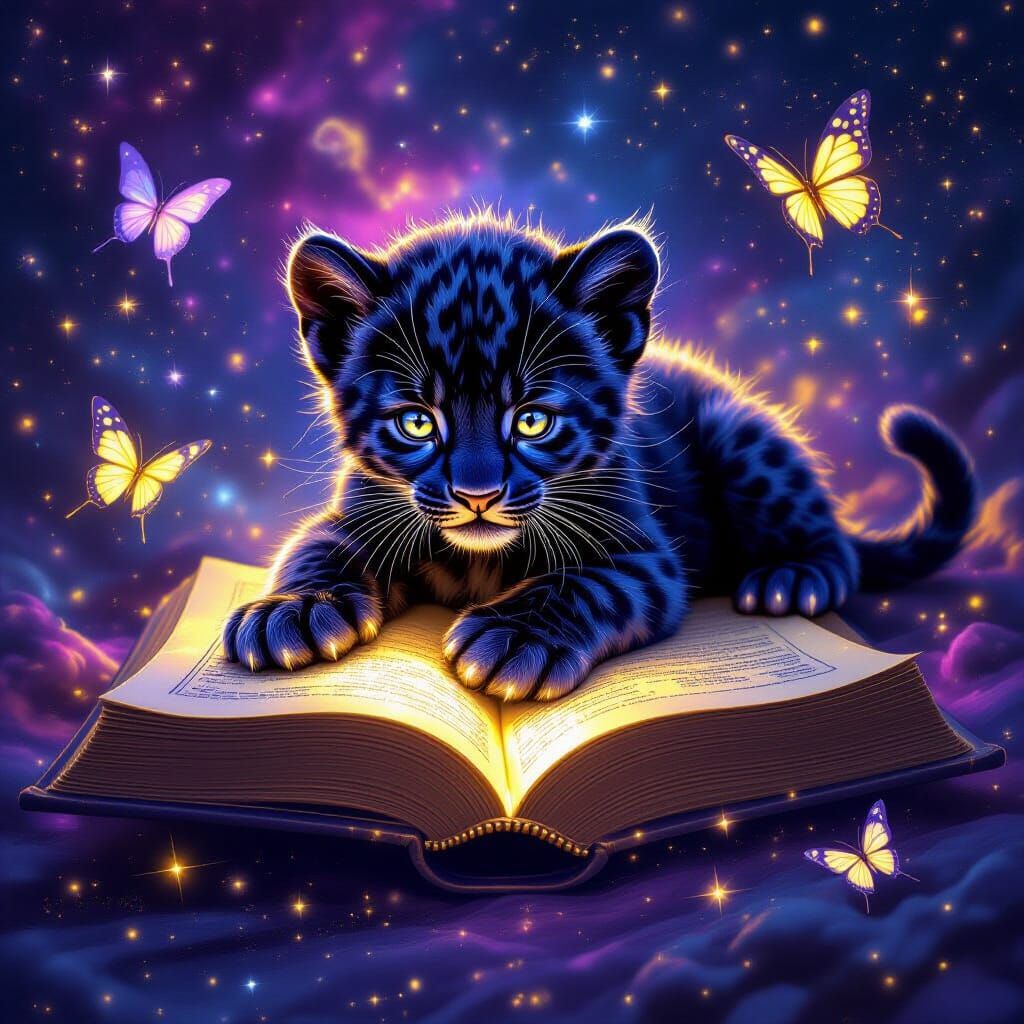 Celestial Black Panther Cub in Cosmic Scene
