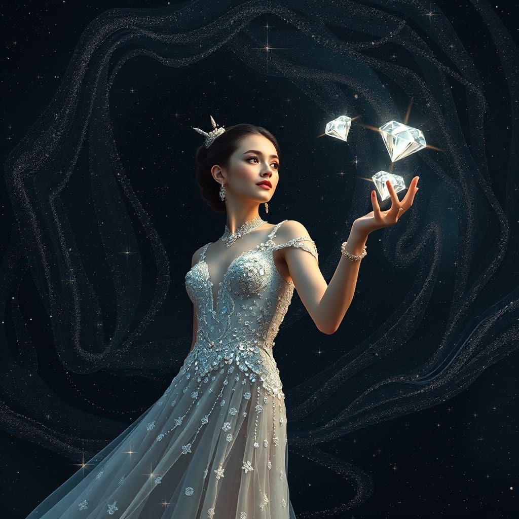 Diamond Woman Draws Hearts in Starry Night
