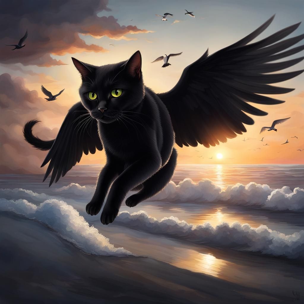 Winged Black Cat Flies Over Ocean at Sunset