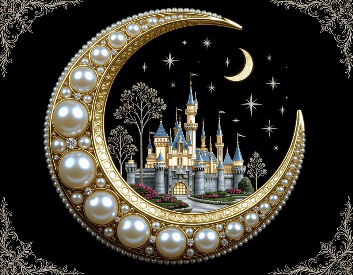 Golden Crescent Moon With Silver City, Ethereal Fantasy Art