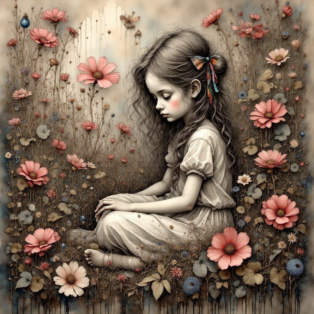 Melancholy Daughter in Surreal Garden of Circuits and Wires