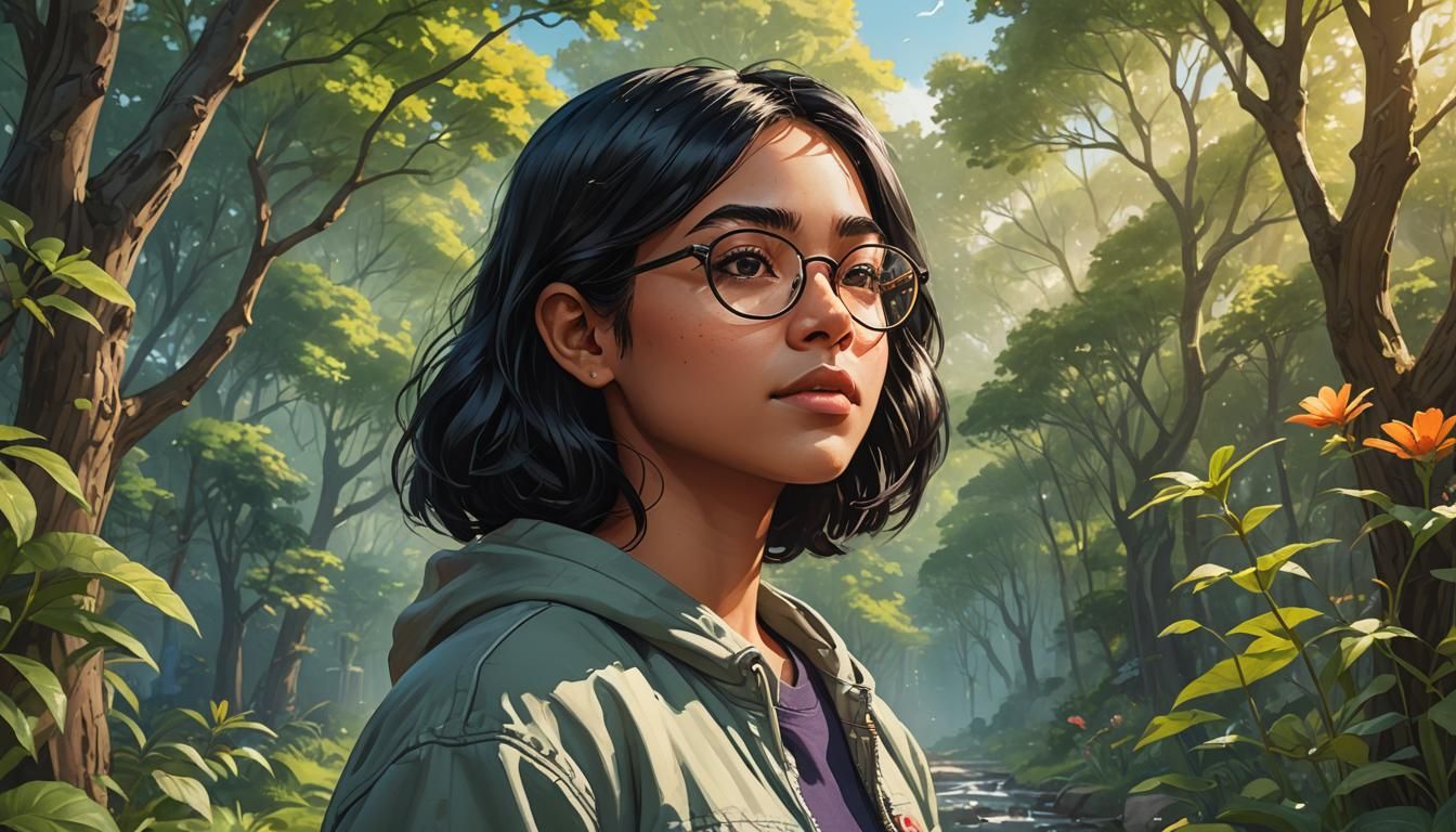 Hopeful Cartoon Portrait of a Young Woman in Nature