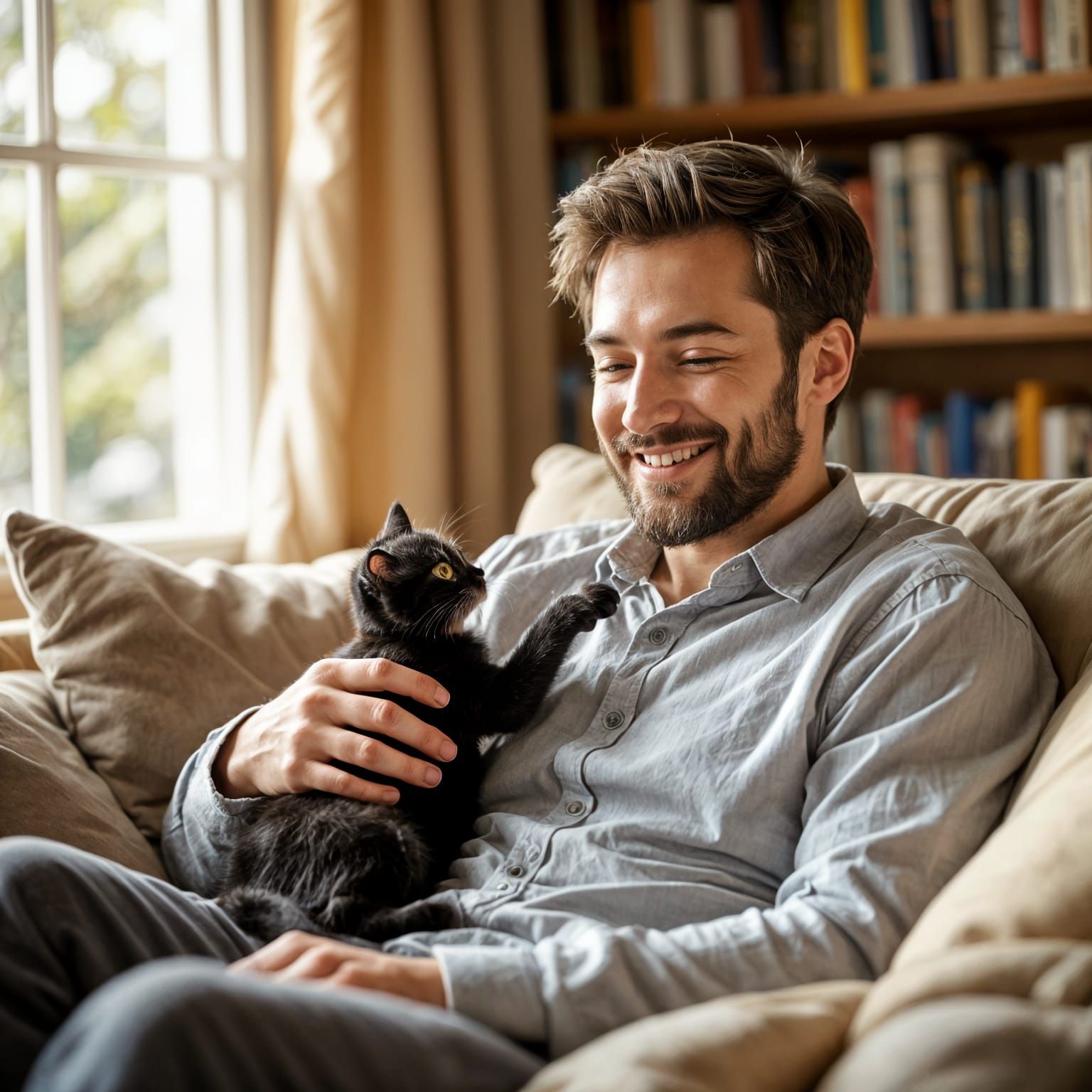 Man with Kitten by Sunlit Window in Cozy Library