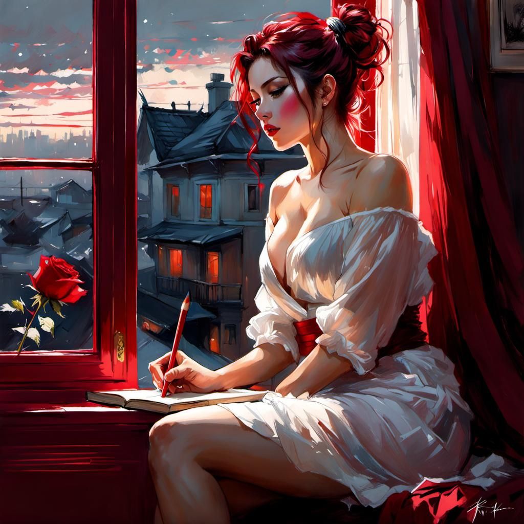 Beautiful Woman in Bay Window: Watercolor Pencil Sketch