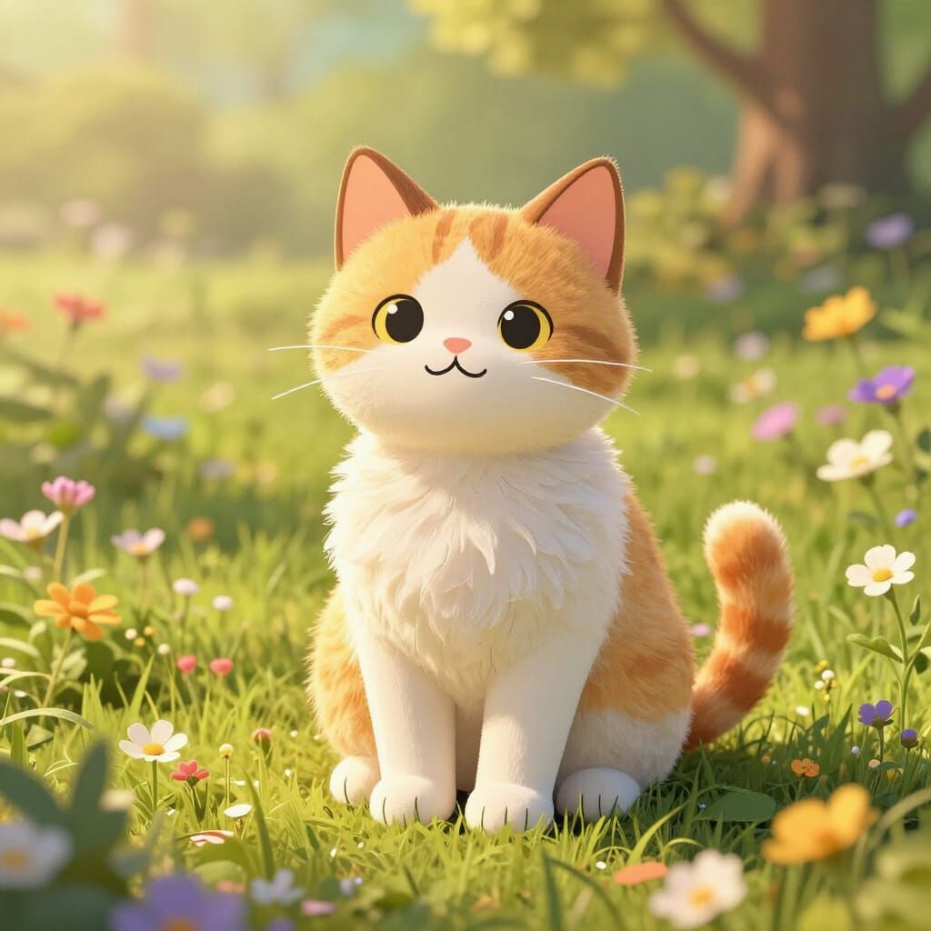 Whimsical Cat Transitions 2D to 3D in Meadow