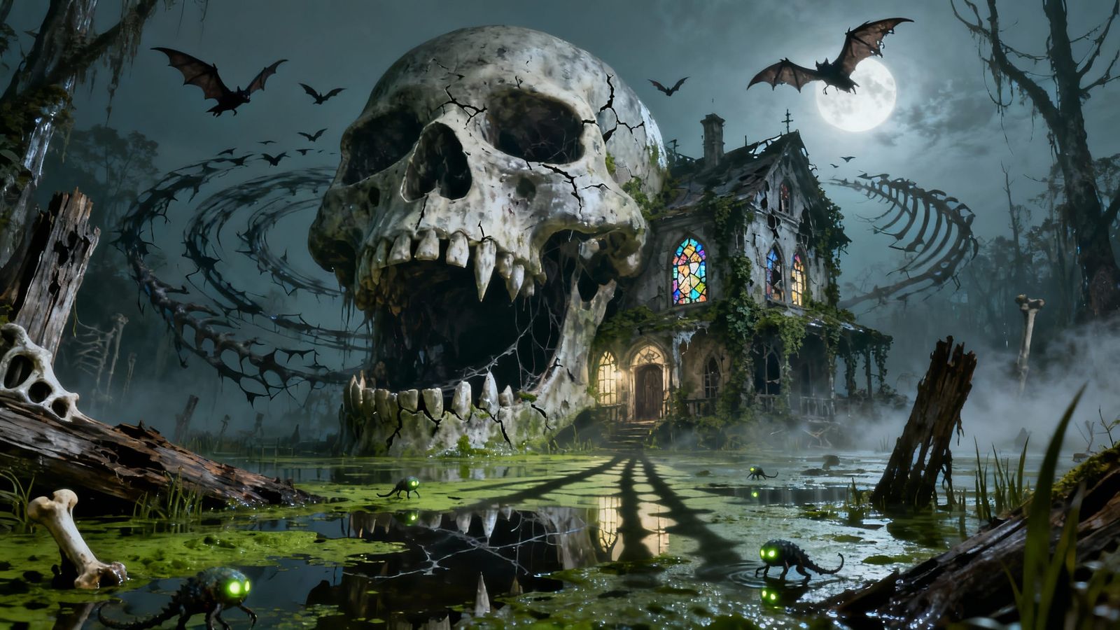 Haunted House Inside Colossal Skull in Eerie Swamp