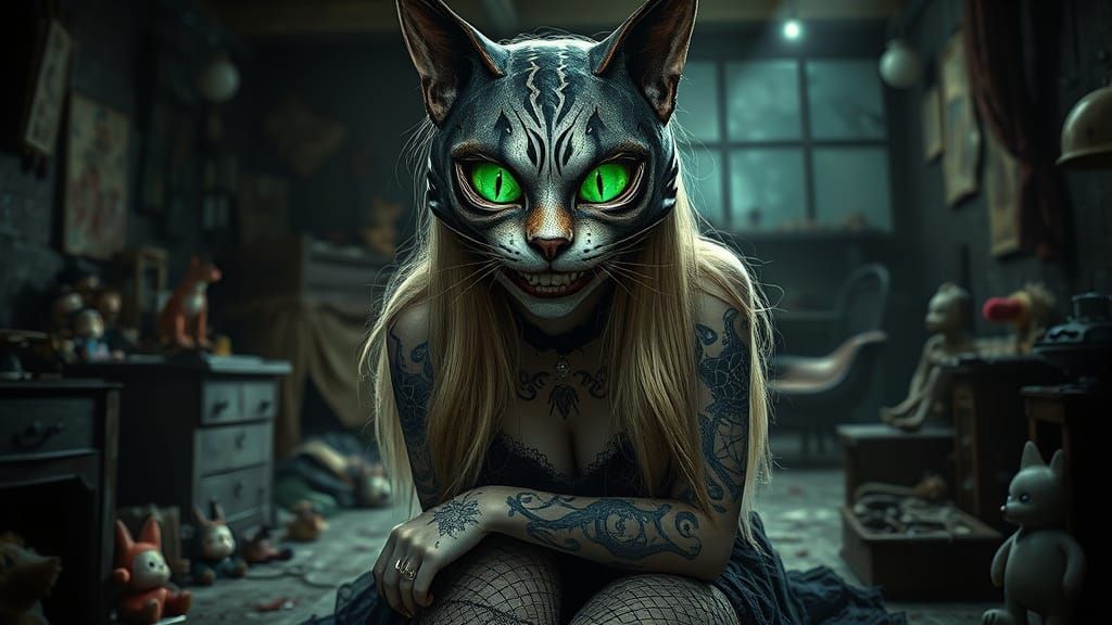 Gothic Woman Kneels in Dusty Attic with Cat Mask