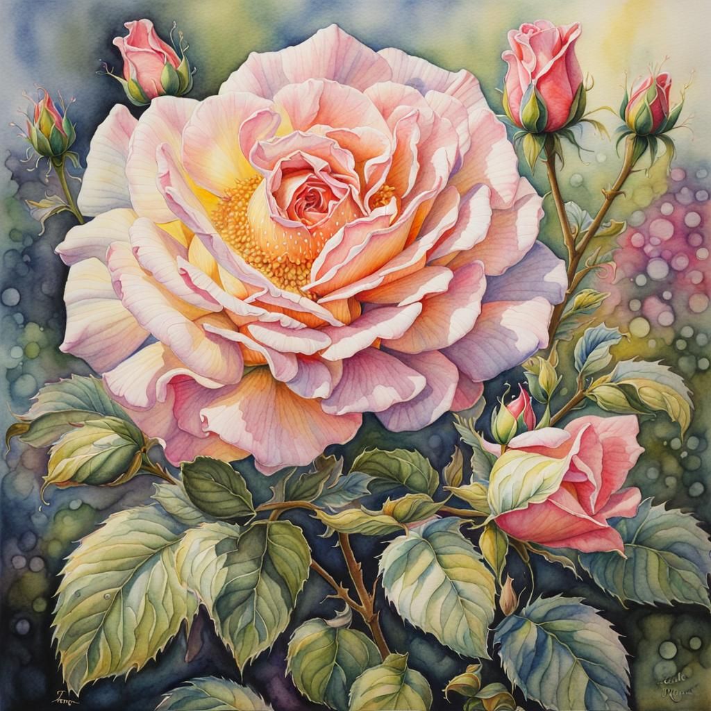 Watercolor Rose in Hyperdetailed Fantasy Style