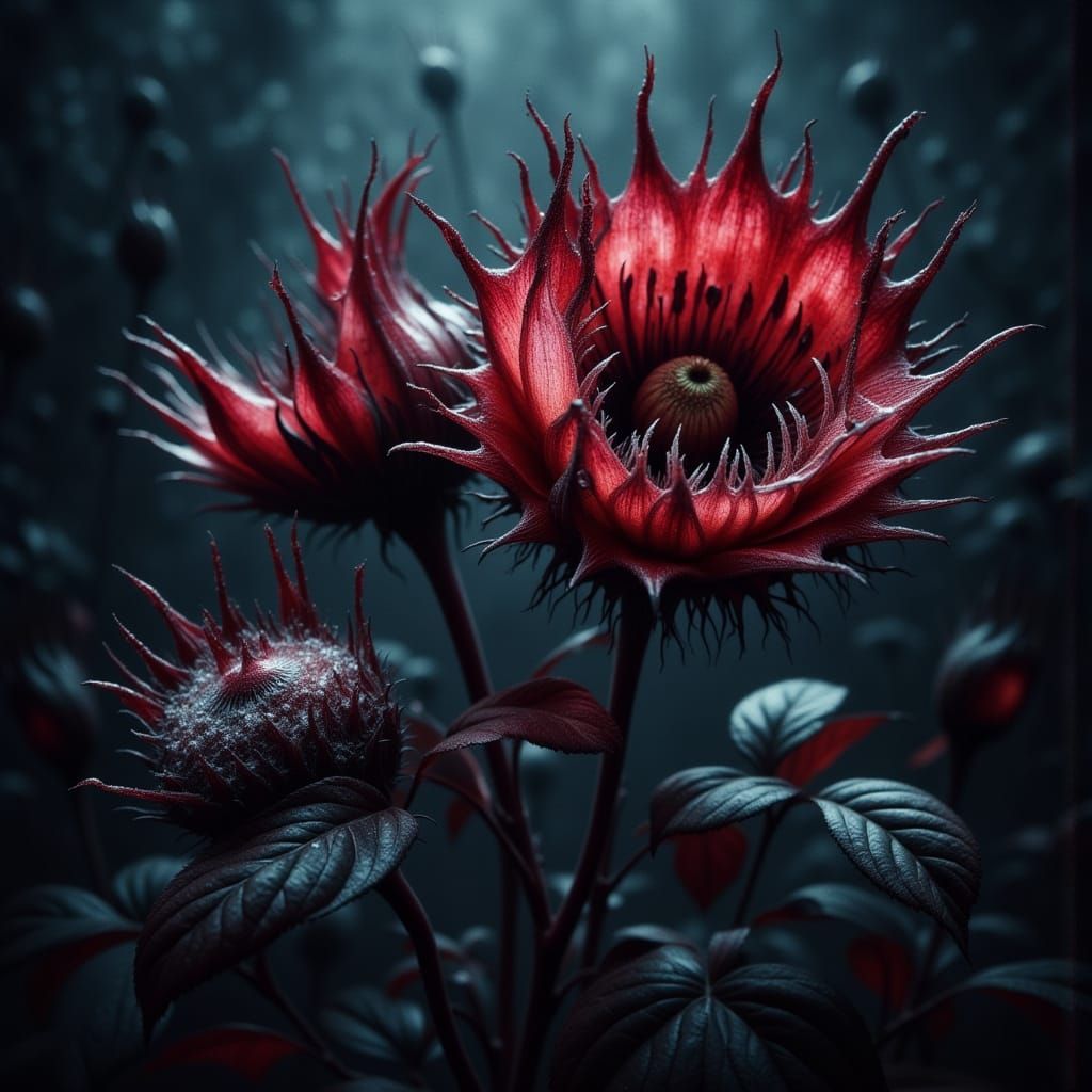Gothic Venus Flytrap Rose Hybrid in Botanical Horror Style