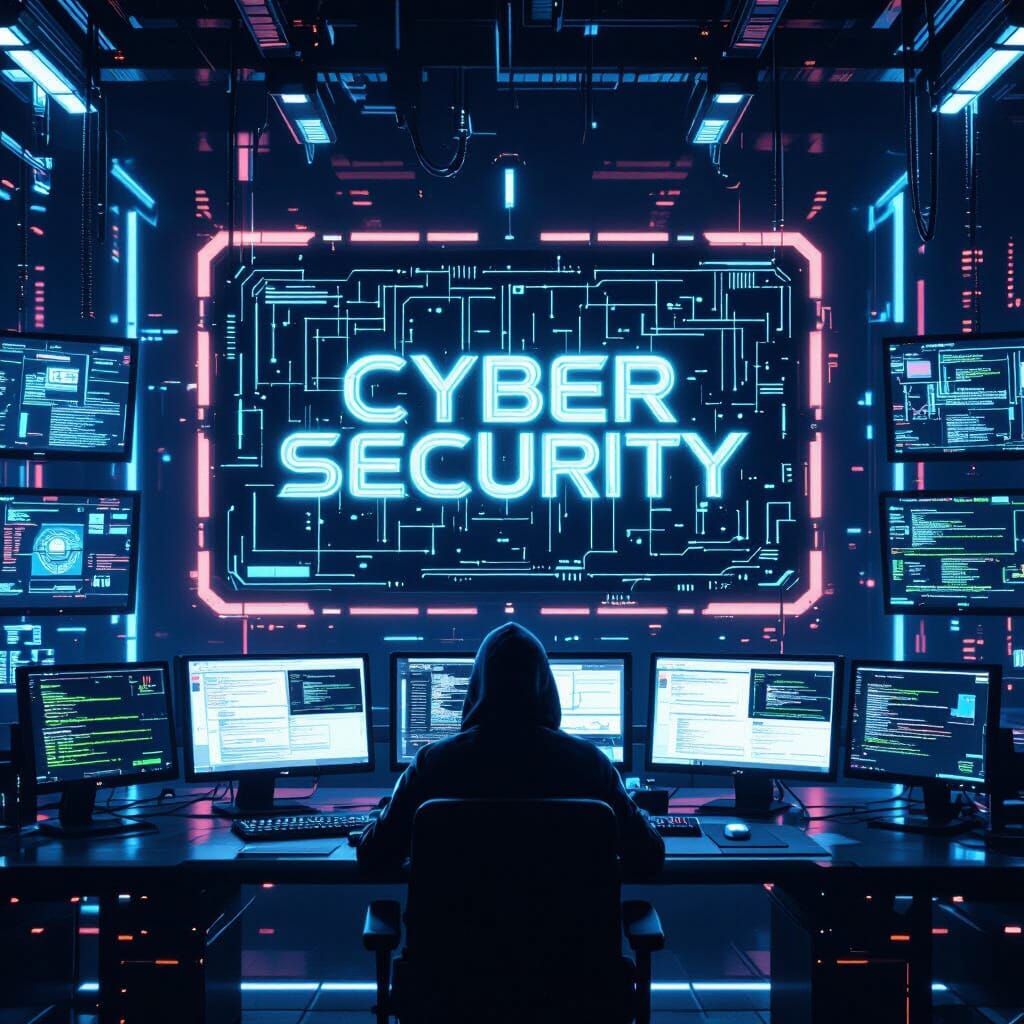Cyber Security Control Room with Hacker in Neon Lights