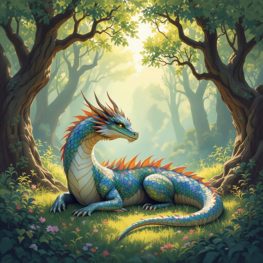 Majestic Dragon in Sun-Dappled Forest Clearing