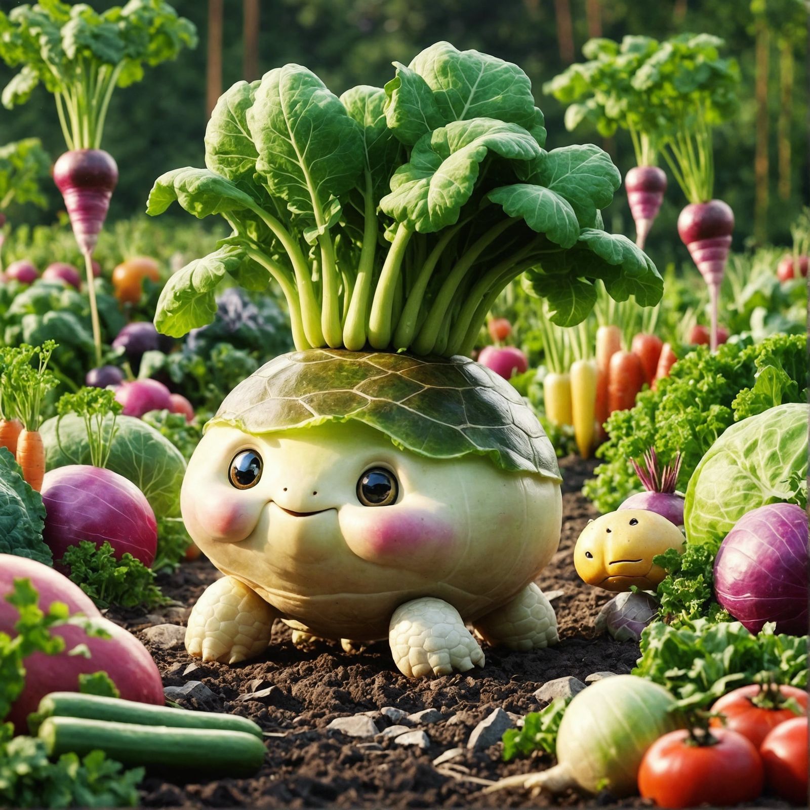 Cartoon Turnip-Turtle in Vegetable Garden