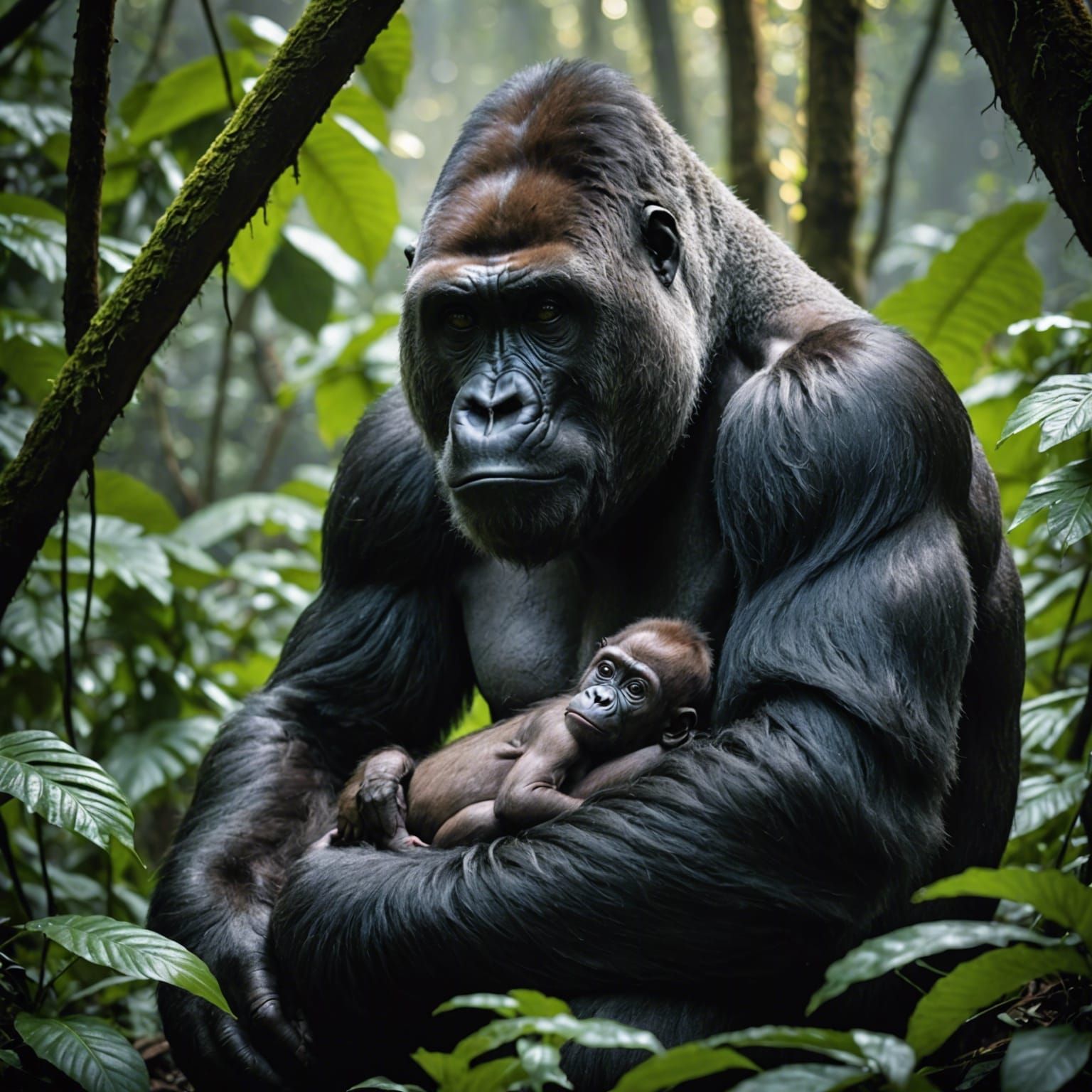 Mother Gorilla and Child in Jungle Canopy