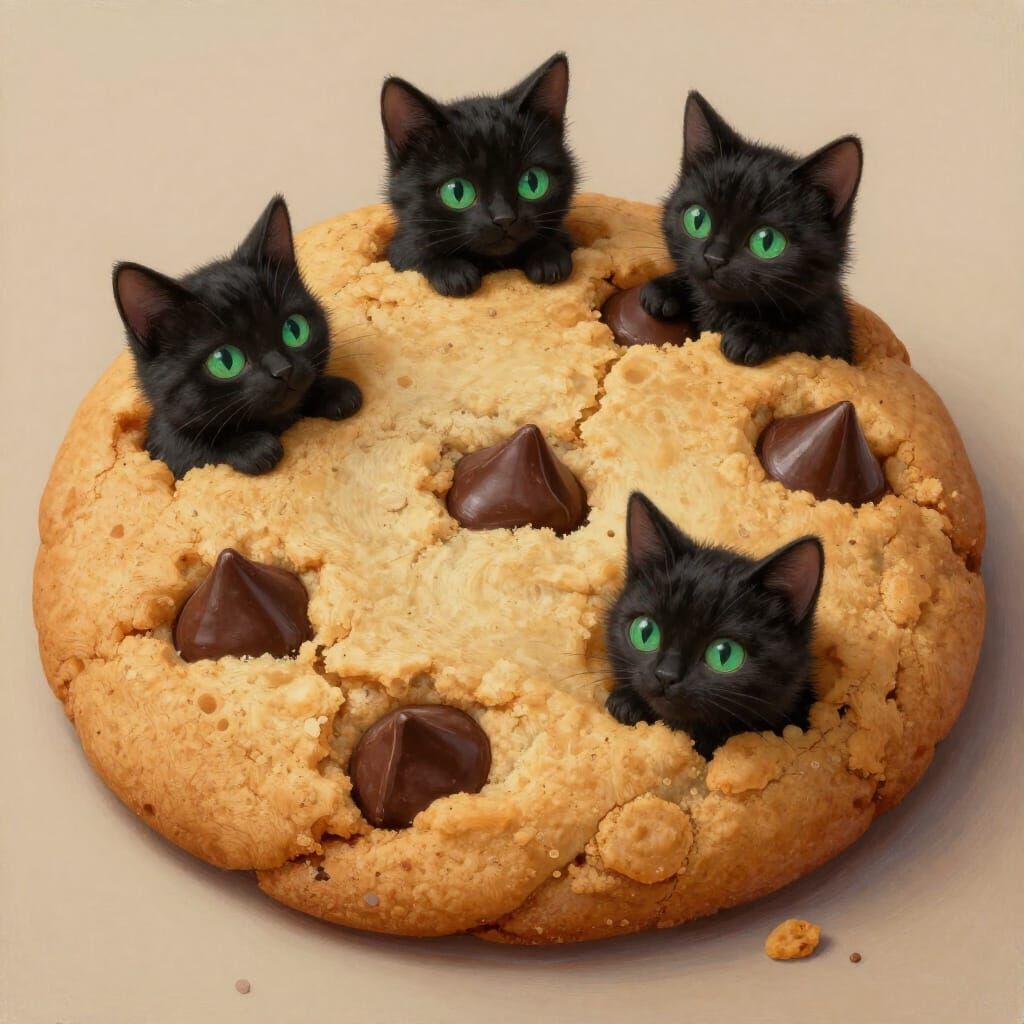 Adorable Black Cat Chocolate Chip Cookie in Surreal Style