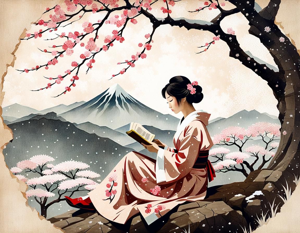 Japanese Girl Reading Under Cherry Blossom Tree Painting