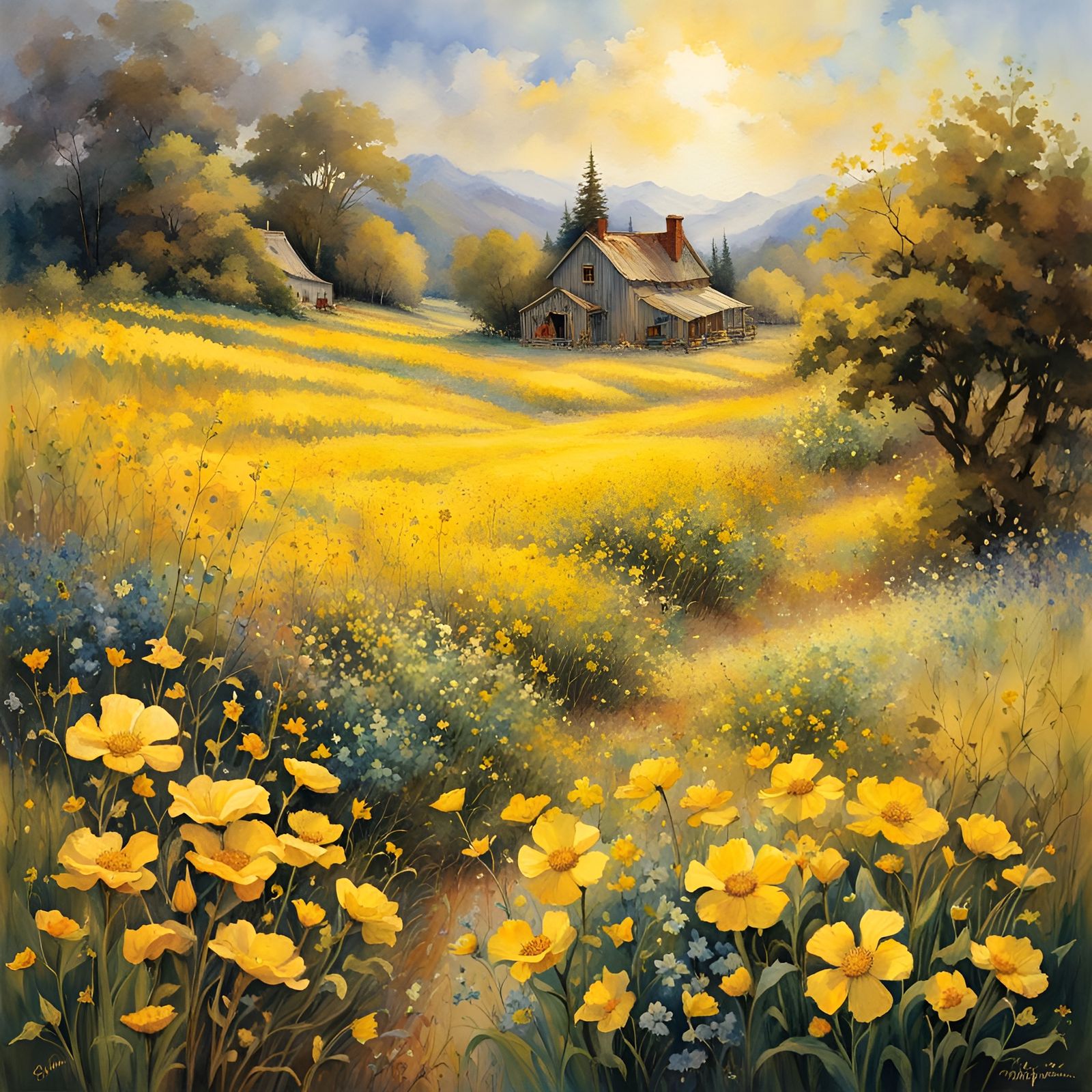 Sunny Field of Yellow Flowers: Watercolor and Ink