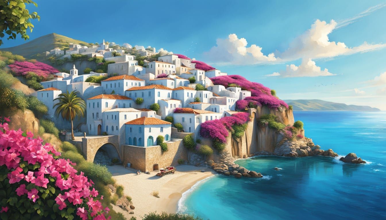 Vibrant Mediterranean Island Community in Golden Hour Light