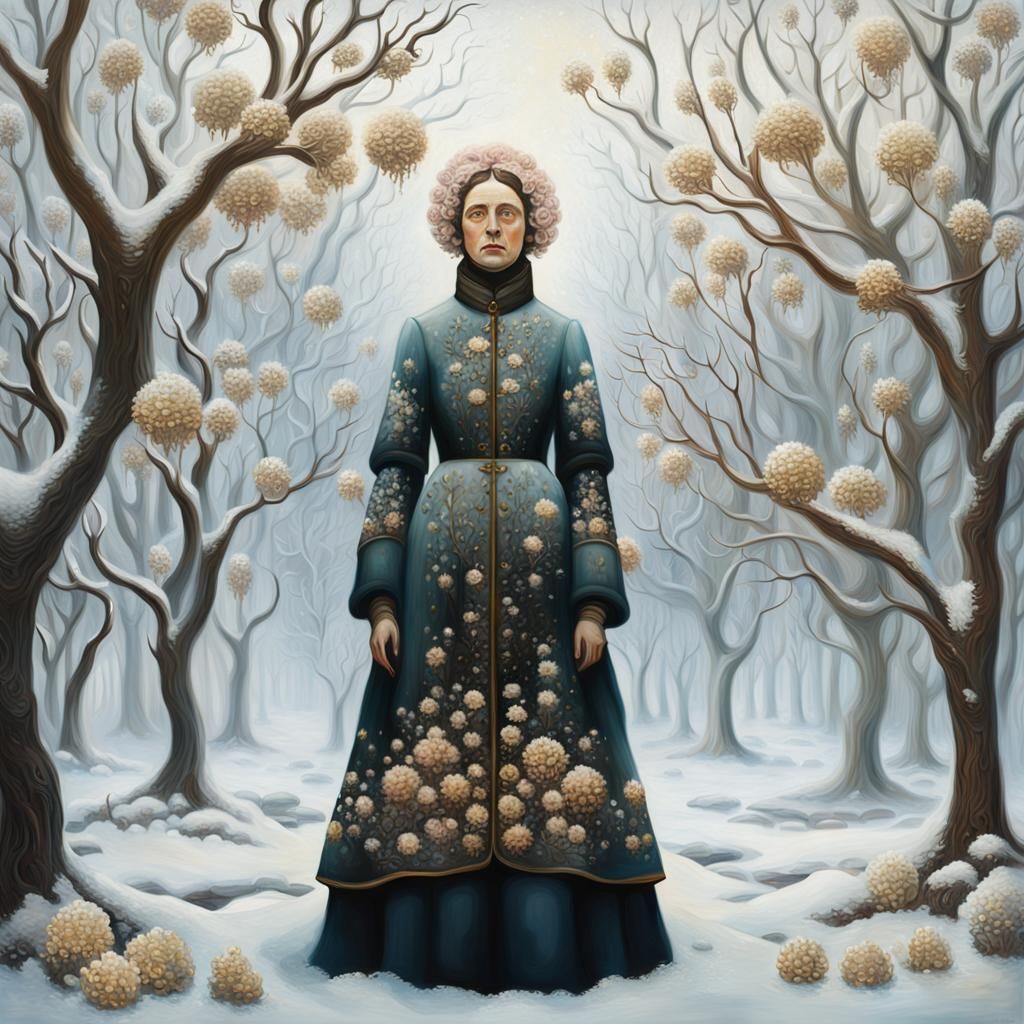 Surreal Winter Scene with Melting Flowers as Oil Painting