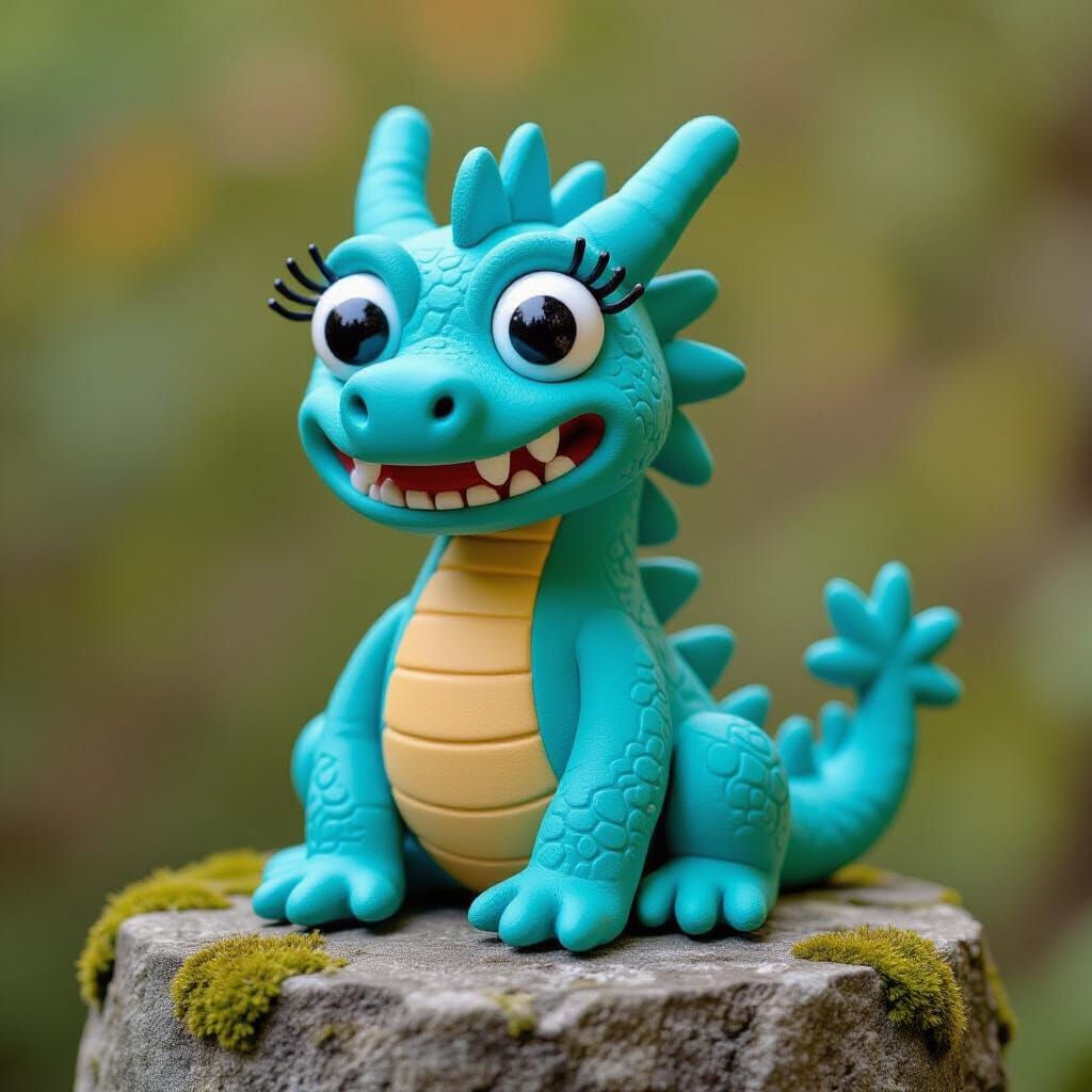 Turquoise Clay Dragon Statue with Googly Eyes