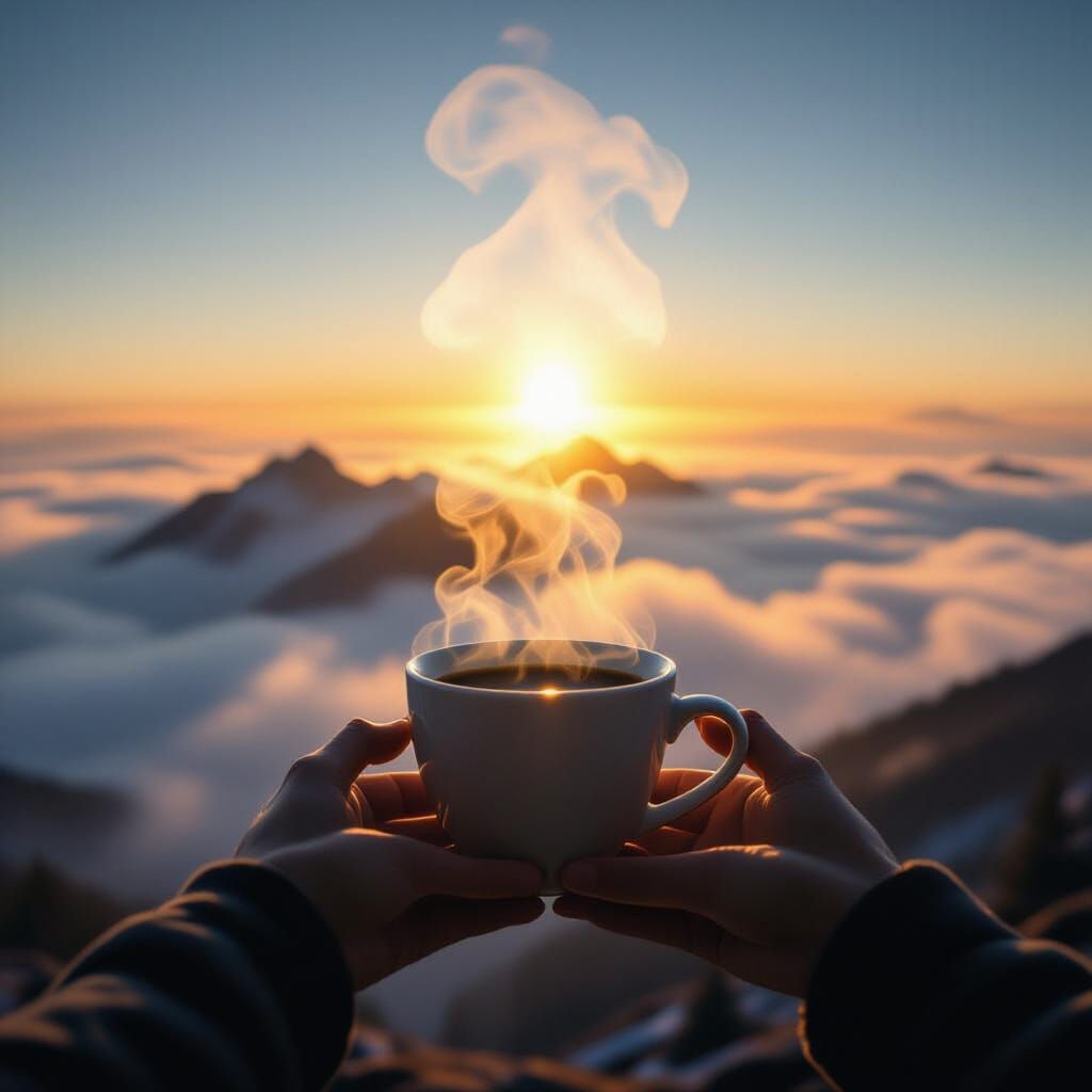 Double Exposure: Coffee and Mountain Sunrise