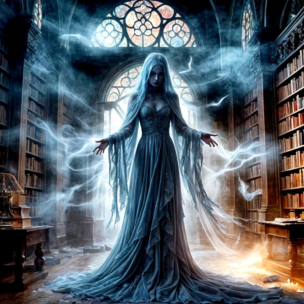 Banshee Weeping in Ruined Library: Watercolor Painting