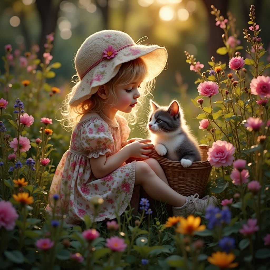 Toddler and Cat in Blooming Garden, Dreamy Ethereal Style