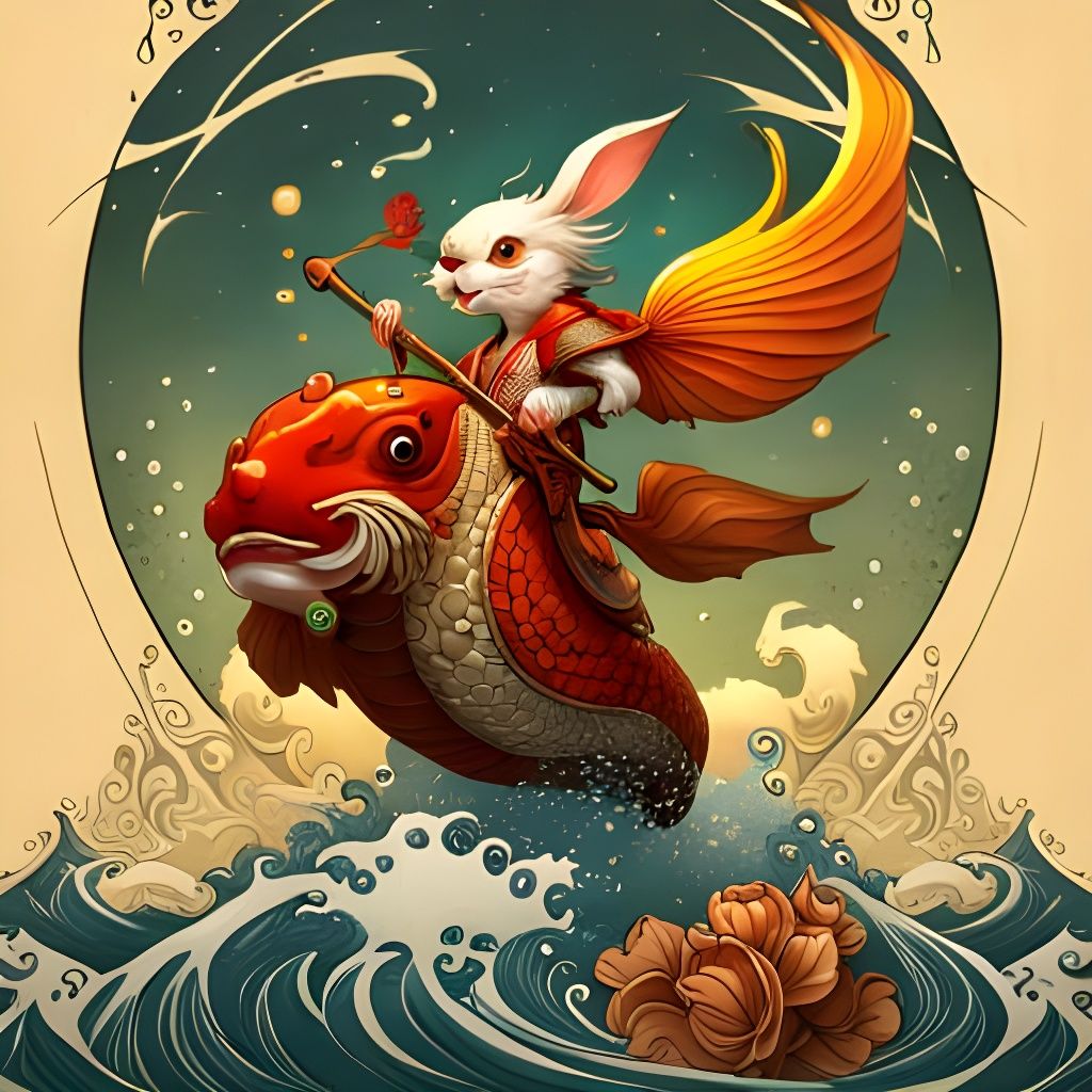 Rabbit Samurai on Koi Fish: Fantasycore Art