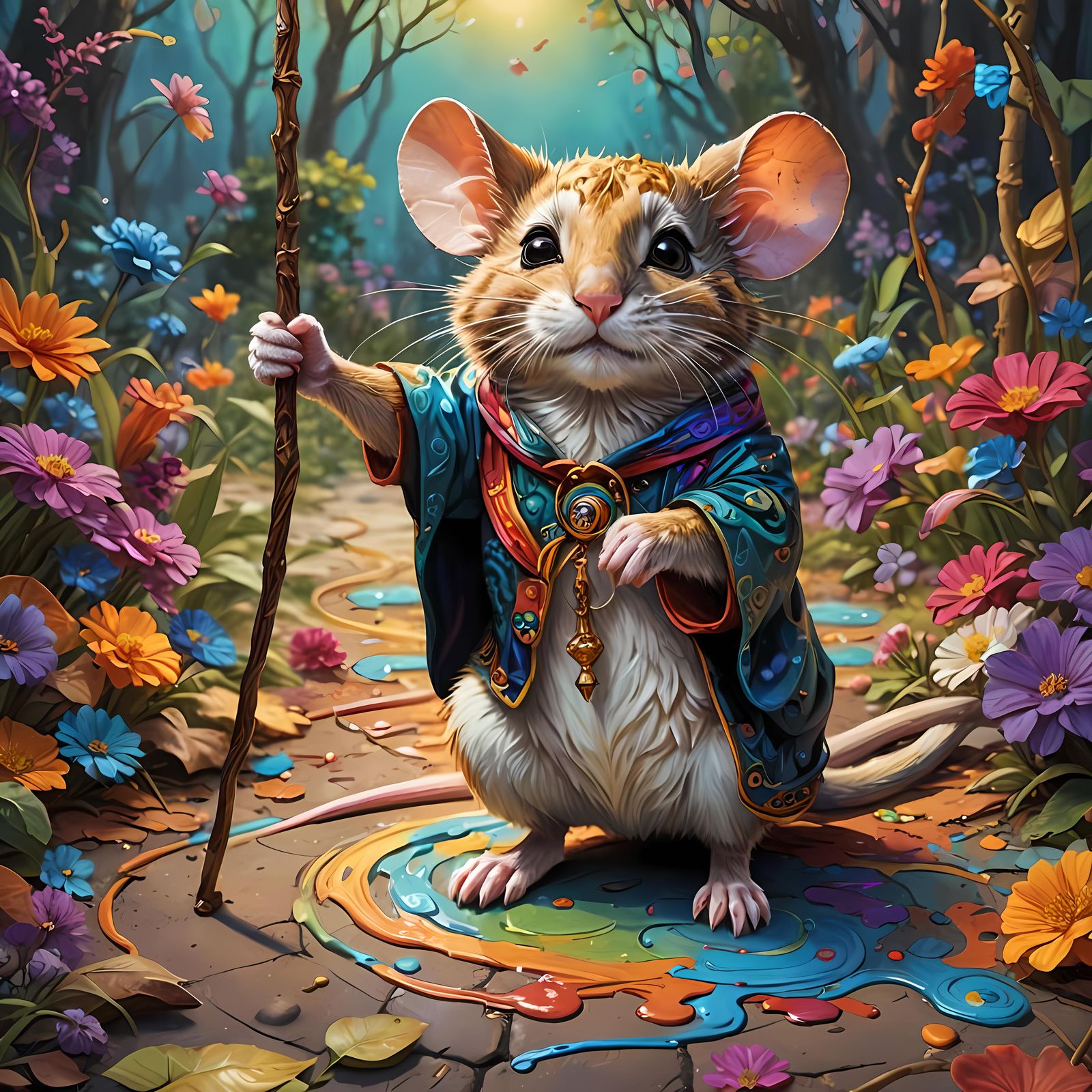 Wise Mouse Teaching a Cat: Vibrant Splash Art