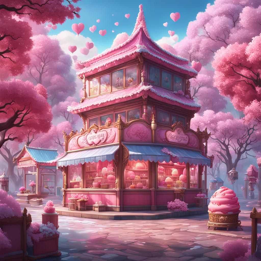 Korean Dessert with Pink Heart Ice Cream: Digital Art
