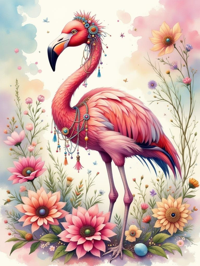 Bohemian Flamingo with Pink Feathers and Earthy Accessories