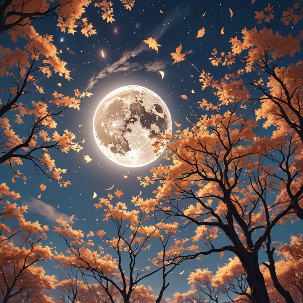Dreamy Anime Autumn Moon with Twinkling Stars