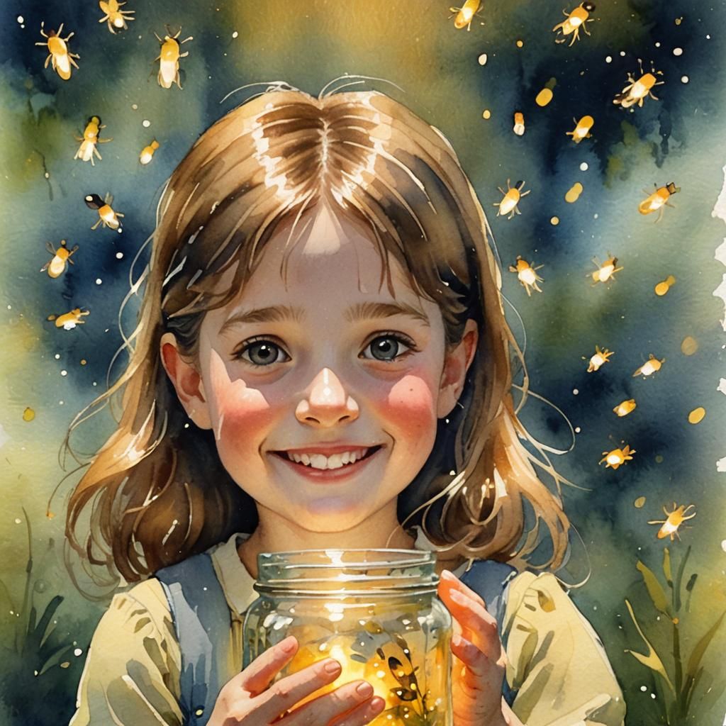 Girl with Fireflies: Impressionist Watercolor Painting