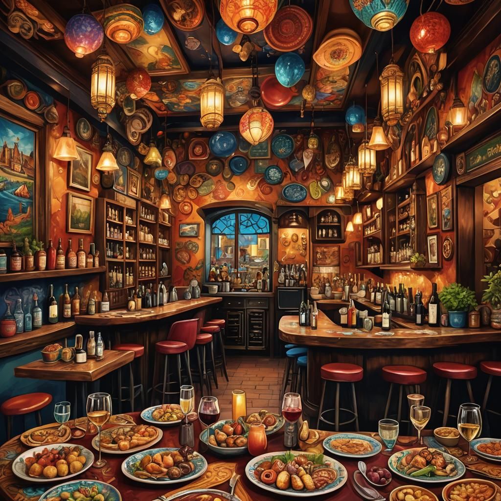 Whimsical Tapas Bar with Cultural Murals: Fantasy Art