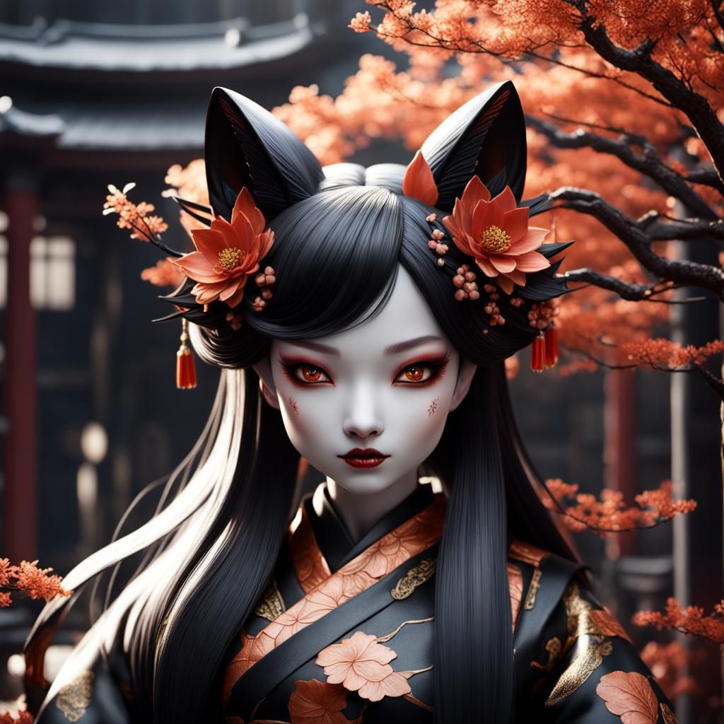 Porcelain Kitsune Girl Doll: Detailed Matte Painting