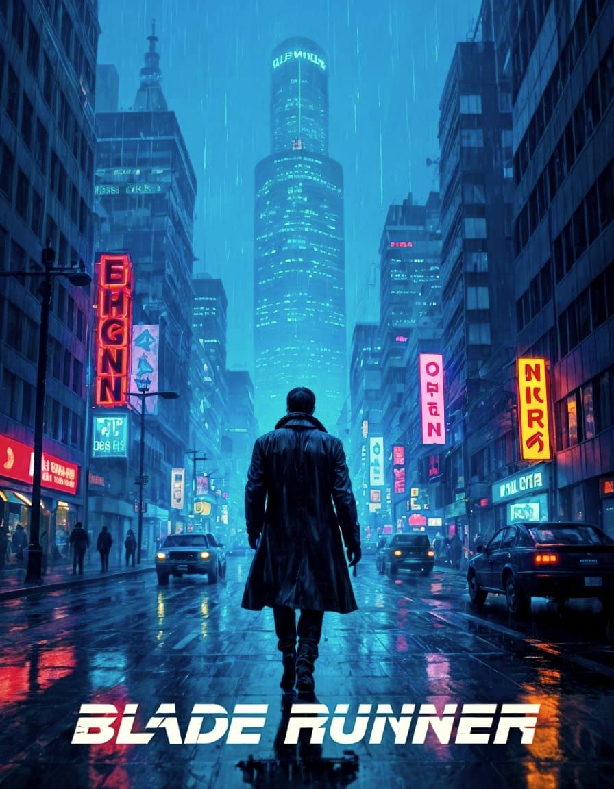 Blade Runner Poster: Deckard in Neon Dystopian LA