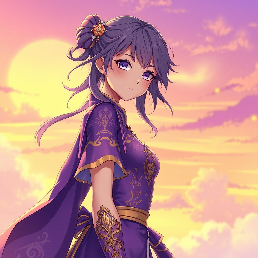 Anime Girl in Purple and Gold Outfit