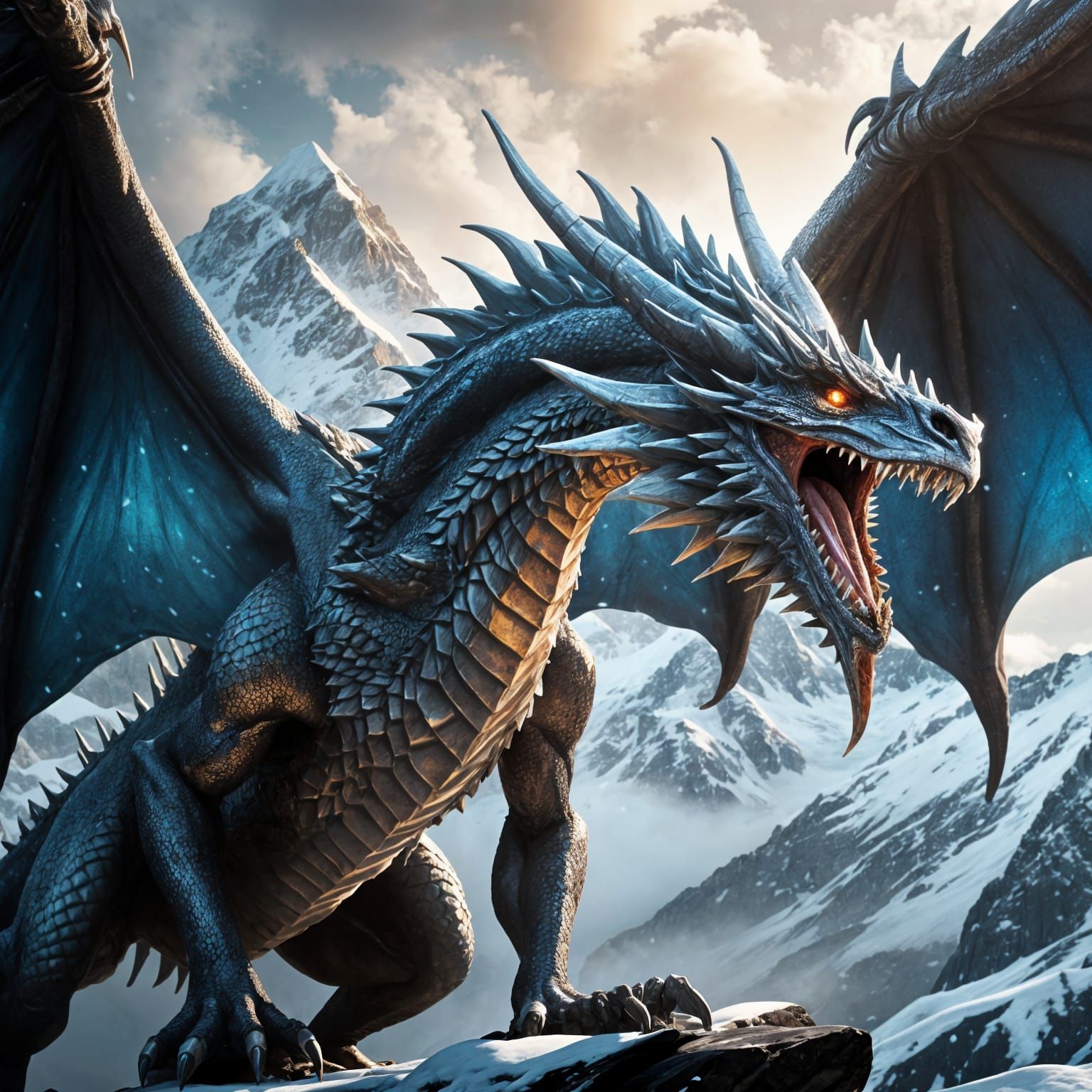 Silver Dragon Roaring on Snow Capped Mountain Peak