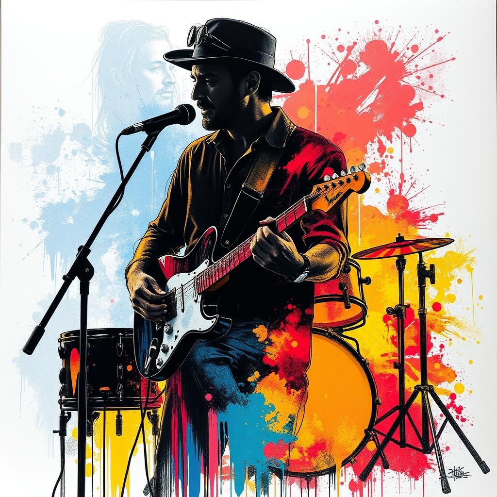 Guitarist Double Exposure in Colorful Graffiti Style